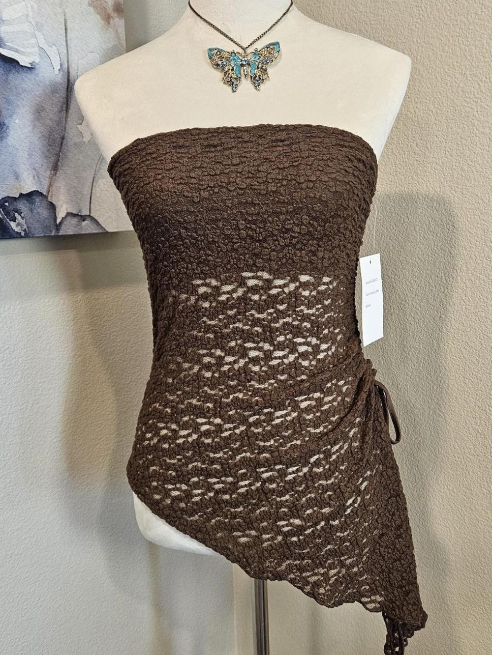 Blenca Strapless Y2K Style Brown Lace Crochet Asymmetric Top Side Scruching Sz M